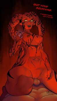 1boy 1girl 2023 abs alien biceps breasts chest_tattoo cleavage clenched_teeth colored_skin completely_nude cowgirl_position cravingsfree curvy darth_talon dated english_text erection evil_grin evil_smile facial_tattoo fingernails girl_on_top grin hetero highres holding holding_weapon imminent_penetration lekku_(anatomy) licking_lips lips looking_at_viewer nude open_mouth pelvic_curtain penis pussy red_background red_eyes see-through_clothes see-through_pelvic_curtain sex shoulder_tattoo signature simple_background sitting sitting_on_person smile star_wars star_wars:_legacy straddling tattoo teeth tongue tongue_out twi&#039;lek twitter_username weapon wide_hips yellow_eyes