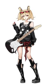 1girl absurdres alternate_costume black_boots black_shirt black_socks blonde_hair boots brooch brown_eyes burnice_white clothes_around_waist collarbone commentary_request electric_guitar full_body guitar highres holding holding_plectrum instrument jewelry kneehighs looking_at_viewer open_mouth plectrum ppangchil puffy_sleeves shirt short_twintails simple_background single_bare_shoulder socks solo torn_clothes torn_socks twintails white_background zenless_zone_zero