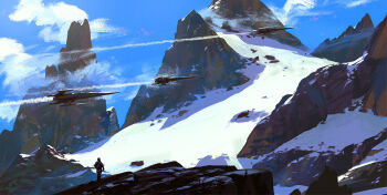 1other blue_sky cloud commentary day english_commentary from_behind highres landscape mountain outdoors painterly raphael-lacoste rock scenery science_fiction ship sky smoke snow standing star_wars watercraft