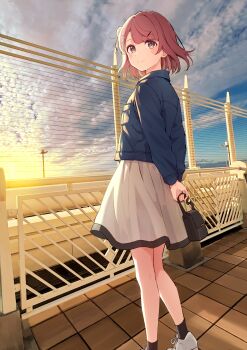 1girl absurdres arms_behind_back bag black_socks blue_jacket blunt_bangs blush closed_mouth cloud cloudy_sky commentary_request cream_(nipakupa) hair_bun hair_ornament hairclip handbag highres holding holding_bag jacket long_sleeves looking_at_viewer love_live! love_live!_nijigasaki_high_school_idol_club medium_hair outdoors pink_hair shoes single_side_bun skirt sky smile socks solo standing uehara_ayumu white_skirt yellow_eyes