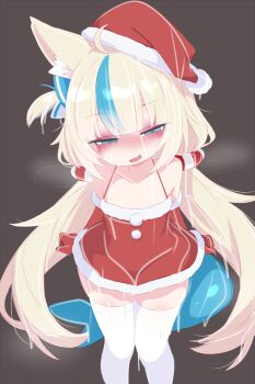 1girl alternate_costume animal_ears blonde_hair blue_streaks breasts cat_ears cum cum_on_body cum_on_breasts cum_on_tail cum_on_upper_body dress facial fins fish_girl fish_tail fur-trimmed_dress fur-trimmed_headwear fur_trim gloves highres indie_virtual_youtuber kukuchi581 loli long_hair looking_at_viewer low_twintails multicolored_hair pom_pom_(clothes) red_dress red_gloves sameko_saba santa_costume santa_dress small_breasts solo streaked_hair tail thighhighs twintails very_long_hair virtual_youtuber white_thighhighs
