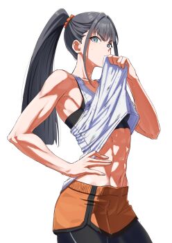 Rule 34 | 1girl, abs, absurdres, amaya tsubame, black hair, commentary request, dolphin shorts, gakuen idolmaster, high ponytail, highres, idolmaster, leggings, long hair, looking at viewer, mole, mole under eye, ponytail, senchan 7, shorts, solo, sports bra, sweat, tank top, toned, toned female, white background, wiping sweat