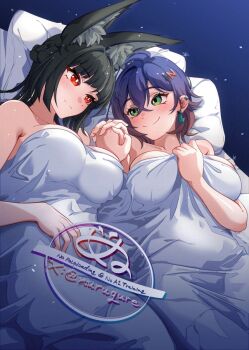 2girls animal_ears antenna_hair belle_(zenless_zone_zero) black_hair blue_hair blunt_bangs braid breasts bright_pupils commentary_request earrings fluff fox_ears fox_girl green_eyes hair_ornament hairclip highres holding_hands hoshimi_miyabi jewelry large_breasts looking_at_another multiple_girls nurugure_(m176g) pillow red_eyes short_hair side_braid single_earring smile under_covers watermark white_pupils yuri zenless_zone_zero