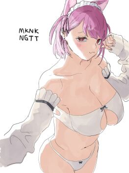 animal_ears breasts cat_ears collarbone commentary_request detached_sleeves highres indie_virtual_youtuber kurei555 large_breasts looking_at_viewer mikeneko_(4th_costume)_(vtuber) mikeneko_(vtuber) panties pink_hair red_eyes short_hair underwear virtual_youtuber white_panties