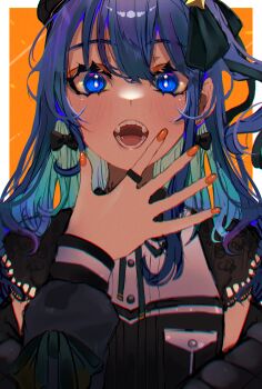 Rule 34 | 1girl, absurdres, black bow, black shirt, blue eyes, blue hair, blush, bow, green ribbon, hair ribbon, highres, hololive, hoshimachi suisei, hoshimachi suisei (casual), jewelry, long hair, long sleeves, looking at viewer, nail polish, open mouth, orange nails, rayla (rayla illust), ribbon, ring, shirt, solo, star (symbol), star in eye, symbol in eye, virtual youtuber