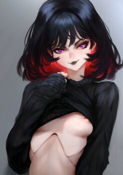 Rule 34 | 1girl, abigail (baddelz), baddelz, black hair, black lips, black sweater, breasts, clothes lift, colored inner hair, doll joints, ear piercing, face piercing, flashing, highres, joints, lifting own clothes, light smile, lip piercing, medium breasts, medium hair, multicolored hair, nipples, piercing, pink eyes, purple eyes, red hair, solo, sweater, underboob