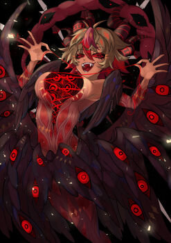 1girl apricot_the_lich black_eyes black_horns black_wings breasts chanax29 colored_sclera fangs feathered_wings hair_between_eyes highres holding holding_string horns light_brown_hair medium_breasts multicolored_hair open_mouth purple_hair red_eyes red_pupils red_sclera short_hair solo streaked_hair string striped_horns too_many_eyes virtual_youtuber vshojo wings