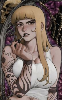 1girl applying_lipgloss arm_tattoo black_lips black_nails blonde_hair blunt_bangs breasts cleavage collarbone commission goth_fashion highres lapefamm large_breasts lipgloss long_eyebrows long_hair mismatched_eyebrows navel original portrait skindentation solo stomach_tattoo tank_top tattoo thick_eyebrows white_tank_top