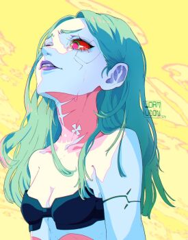 1girl blonde_hair breasts colored_sclera commentary crying cyberpunk_(series) cyberpunk:_edgerunners cyborg english_commentary hatching_(texture) linear_hatching lips medium_hair parted_hair parted_lips portrait rebecca_(cyberpunk) red_sclera small_breasts solo tears teeth watermark wormudon