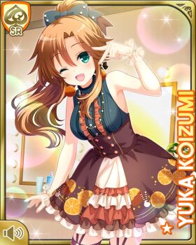 Rule 34 | 1girl, ;d, backless outfit, black bow, black shirt, bow, breasts, brown dress, brown hair, brown thighhighs, card, character name, day, dress, girlfriend (kari), green eyes, indoors, koizumi yuka (gf kari), official art, one eye closed, open mouth, ponytail, qp:flapper, shirt, smile, tagme, thighhighs