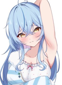 1girl absurdres arm_up armpit_focus armpits blue_hair blush breasts cleavage closed_mouth collarbone commentary_request embarrassed highres hololive large_breasts long_hair looking_at_viewer pajamas presenting_own_armpit simple_background syabokotor upper_body virtual_youtuber white_background yellow_eyes yukihana_lamy yukihana_lamy_(roomwear)