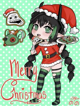 1girl 2325355769_ bandaged_forearm bandaid bandaid_on_chest bandaid_on_forearm bandaid_on_neck black_hair bottomless commission eating elfinpsyop english_text green_background green_eyes hat highres holding holding_plate horns indie_virtual_youtuber loli long_hair mechanical_horns merry_christmas mouse nonoxnobody plate santa_costume santa_hat socks solo standing striped_clothes striped_socks trolface turning_head