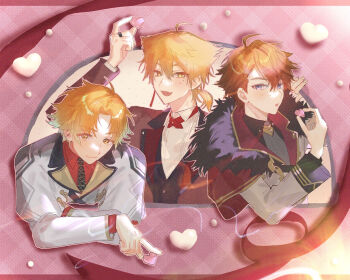 Rule 34 | 3boys, :o, black necktie, blue eyes, cape, closed mouth, collared shirt, commentary request, fur-trimmed cape, fur trim, fushimi gaku, gradient hair, green hair, grey shirt, hand up, heart, highres, jacket, kitami yusei, long sleeves, male focus, matochi (fa), mole, mole under eye, multicolored hair, multiple boys, necktie, nijisanji, open mouth, orange eyes, orange hair, parted bangs, plaid background, ponytail, red cape, red eyes, red jacket, red ribbon, red shirt, ribbon, shirt, short hair, short ponytail, smile, trait connection, upper body, usami rito, virtual youtuber, white jacket