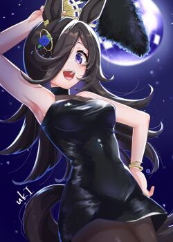 1girl animal_ears armpits black_dress black_pantyhose blush bracelet breasts brown_hair commentary_request dress flipped_hair hair_ornament hair_over_one_eye hand_fan highres holding holding_fan horse_ears horse_girl horse_tail jewelry long_hair looking_at_viewer medium_breasts neru_ika open_mouth pantyhose purple_eyes rice_shower_(umamusume) shirt sleeveless sleeveless_shirt smile solo tail teeth umamusume upper_teeth_only