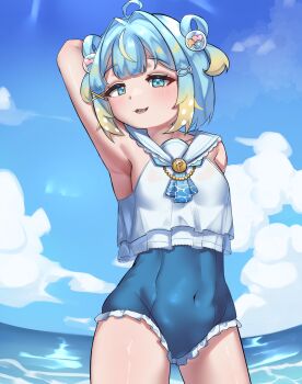 1girl absurdres belly blue_eyes blue_hair blush blush_stickers cloud cloudy_sky commission fish_hair_ornament frills hair_ornament highres jahe_png looking_at_viewer multicolored_hair navel ocean open_mouth penny_puffball re:loop! short_hair sky solo swimsuit virtual_youtuber water x_hair_ornament
