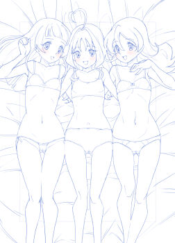 Rule 34 | 3girls, ahoge, alternate hairstyle, aokaze nana, arm around back, bed sheet, blue theme, blush, bow, bow bra, bow panties, bra, cameltoe, cleft of venus, commentary, crotch seam, flat chest, from above, girl sandwich, gluteal fold, hair down, hand on own chest, highres, kimi to idol precure, long hair, looking at viewer, medium hair, micro panties, miyagoe yoshitsuki, monochrome, multiple girls, navel, on bed, open mouth, panties, precure, pussy, pussy juice stain, sakura uta (precure), sandwiched, shigure kokoro, side-by-side, side-tie panties, smile, spot color, string panties, thigh gap, training bra, underwear, underwear only
