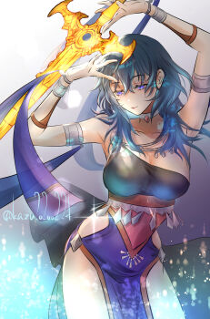 1girl alternate_costume ancient_greek_clothes armlet armpits arms_up blue_eyes blue_hair breasts cleavage closed_mouth collarbone dancer dancer_(fire_emblem:_three_houses) dress female_byleth_(fire_emblem) fire_emblem fire_emblem:_three_houses gem greco-roman_clothes hair_between_eyes highres holding holding_sword holding_weapon jewelry kazu20200224 large_breasts long_hair nintendo pelvic_curtain red_gemstone single-shoulder_dress single_strap smile solo sword sword_of_the_creator weapon