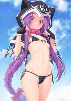 1girl absurdres bikini black_bikini black_cloak black_gloves blue_sky blush braid braided_ponytail breasts cloak collar fate/grand_order fate_(series) fingerless_gloves forehead gloves highres hood hooded_cloak kazuma_muramasa long_hair medusa_(fate) medusa_(lancer)_(fate) navel parted_bangs purple_collar purple_eyes purple_hair rider sidelocks sky small_breasts solo swimsuit thighs very_long_hair