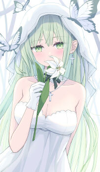 1girl blush breasts bug butterfly cleavage collarbone commentary_request cross cross_earrings cross_necklace detached_collar dress earrings enokitake flower gloves green_eyes green_hair hair_between_eyes highres holding holding_flower insect jewelry leaf lily_(flower) long_hair looking_at_viewer medium_breasts necklace original sidelocks veil very_long_hair white_background white_butterfly white_dress white_flower white_gloves white_veil