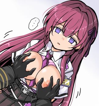 Rule 34 | ..., 1girl, between breasts, black gloves, bra, bra lift, breasts, chaos zero nightmare, charm (object), clothes lift, commentary request, dress shirt, empty eyes, gloves, grabbing another's breast, groping, hair intakes, hair ribbon, large breasts, long hair, name tag, necktie, nipples, open clothes, open mouth, open shirt, pink bra, pink hair, purple eyes, rei (chaos zero nightmare), ribbon, shirt, skirt, solo focus, spoken ellipsis, tsuzuri (tuzuri), underwear, upper body