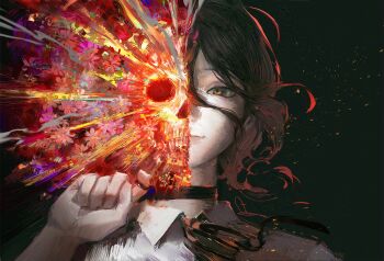 1girl black_background black_choker black_hair black_ribbon brown_eyes chainsaw_man choker collared_shirt explosion flower grenade_pin hair_between_eyes highres looking_at_viewer neck_ribbon portrait qosic reze_(chainsaw_man) ribbon shirt skull smile solo white_shirt