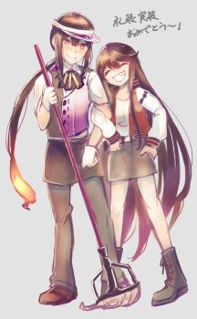 1boy 1girl :d apron black_apron black_footwear black_hair black_pants black_skirt black_vest blush boots breasts broom brother_and_sister brown_footwear center-flap_bangs chain cleavage closed_eyes collared_shirt dotted_line fate/grand_order fate_(series) fiery_hair full_body gloves gold_chain grey_background grin hair_between_eyes hand_on_own_hip hand_up highres holding holding_broom jacket letterman_jacket locked_arms long_hair low_ponytail miniskirt multicolored_vest no_socks nose_blush oda_nobukatsu_(fate) oda_nobukatsu_(welcome_diner)_(fate) oda_nobunaga_(fate) oda_nobunaga_(koha-ace) onekoneko open_mouth pants ponytail purple_vest raised_eyebrows red_eyes shirt short_sleeves siblings sidelocks simple_background skirt smile star_(symbol) v-shaped_eyebrows very_long_hair vest visor_cap waist_apron wavy_mouth white_gloves white_shirt wing_collar