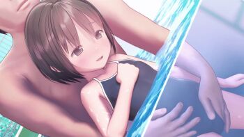 1boy 1girl 3d age_difference animated animated_gif blue_one-piece_swimsuit blush bob_cut breasts brown_eyes brown_hair closed_eyes collarbone competition_swimsuit custom_udon dot_nose female_orgasm fingering fingering_from_behind fingering_through_clothes grabbing_from_behind hand_on_another's_stomach loli looping_animation one-piece_swimsuit open_mouth orgasm original partially_submerged partially_underwater_shot pool short_hair size_difference small_breasts solo_focus submerged swimsuit through_clothes underwater water