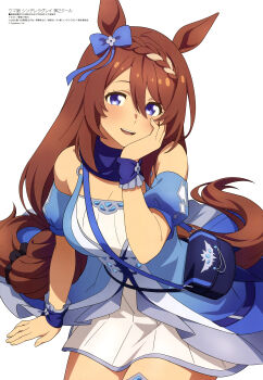 1girl :d absurdres animal_ears anime_coloring arm_support armpit_crease artist_request bag black_scrunchie blue_bow blue_dress blue_eyes blue_scarf blue_wrist_cuffs bow braid breasts brown_hair cleavage copyright_name copyright_notice cowboy_shot dress ear_bow ear_ornament hair_between_eyes hair_ornament hair_scrunchie hand_on_own_cheek hand_on_own_face head_tilt highres horse_ears horse_girl horse_tail large_breasts layered_dress light_blush long_hair looking_at_viewer magazine_scan megami_magazine multicolored_hair off-shoulder_dress off_shoulder official_art open_mouth scan scarf scrunchie shoulder_bag sidelocks simple_background sitting smile solo super_creek_(murmuring_stream)_(umamusume) super_creek_(umamusume) tail teeth two-tone_dress two-tone_hair umamusume umamusume:_cinderella_gray upper_teeth_only white_background white_dress wrist_cuffs