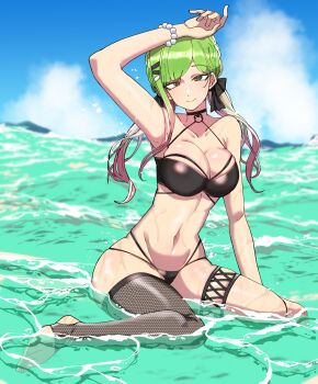 1girl absurdres arm_up bare_shoulders beach bikini black_bikini black_ribbon blue_sky bracelet braid breasts cleavage cloud collarbone green_eyes green_hair hair_ornament hairclip halterneck highres jewelry large_breasts long_hair looking_at_viewer low_twintails morinaka_kazaki morinaka_kazaki_(adult) multi-strapped_bikini_bottom multi-strapped_bikini_top multicolored_hair navel nijisanji o-ring o-ring_bikini o-ring_top ocean parallel_hairclips partially_submerged pearl_bracelet pink_hair ribbon shore single_fishnet_legwear sitting sky smile solo string_bikini swimsuit thigh_strap tsuukon_(tukonn) twintails two-tone_hair virtual_youtuber wariza water