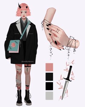 Rule 34 | 1girl, aegyo sal, ankle strap, aqua bag, aqua eyes, bag, bandaged ankle, bandaid, bandaid on knee, bandaid on leg, black boots, black horns, black jacket, black nails, black skirt, bob cut, boots, bracelet, broken horn, color guide, contrast lapels, east asian, eyelashes, fashion, fingernails, floral print, full body, geometry, grey kimono, hand in pocket, hand on own arm, heterochromia, highres, horns, injury, jacket, japanese clothes, jewelry, kimono, knife, lapels, long fingernails, math, mole, mole on forehead, multiple rings, original, oversized jacket, pink hair, pink leaf, pink socks, platform boots, red eyes, reference sheet, ring, short bangs, short hair, short kimono, shoulder bag, skirt, sleeves past wrists, socks, standing, streetwear, thick eyebrows, thick lips, thigh strap, twitter username, wavy hair, zeebythesea