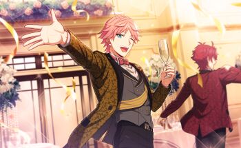 Rule 34 | 2boys, ahoge, animal print, blue eyes, bow, bowtie, buttons, champagne flute, collared shirt, cup, dino albani, drinking glass, fingernails, flower, game cg, happy elements, helios rising heroes, highres, holding, holding cup, long sleeves, male focus, multiple boys, non-web source, official art, one eye closed, open mouth, pants, pink flower, pink hair, shirt, short hair, smile, teeth, upper teeth only, white flower