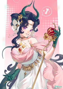 1girl absurdres anjo_nala apple artist_name bare_shoulders bitten_apple black_hair dated demon_girl demon_horns dress flower food food_bite fruit gloves gold_choker green_gloves grin hair_flower hair_ornament hand_up highres holding holding_food holding_fruit horns jiuxin_shaoyu_dokidoki long_hair looking_at_viewer official_alternate_costume pink_background pole purple_eyes reverse:1999 signature sleeveless sleeveless_dress smile solo sparkle spoken_food turning_head upper_body white_dress white_flower