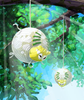 animal_focus bug full_body highres in_tree leaf nintendo no_humans outdoors pokemon pokemon_(creature) pokemon_focus silk sunlight tarountula tree upside-down zousui_(zousuioishii)