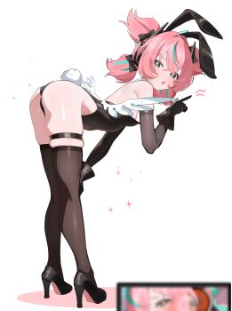 1girl absurdres alternate_costume angel_wings animal_ear_hairband animal_ears aqua_streaks aria_(human)_(zenless_zone_zero) aria_(zenless_zone_zero) arm_on_knee ass bare_back belle_(zenless_zone_zero) bent_over black_gloves black_hairband black_thighhighs bow breasts camera covered_navel crossed_bangs detached_collar elbow_gloves fake_animal_ears fake_tail four-pointed_star from_side gloves hair_bow hairband headphones high_heels highres leaning_forward leg_wrap leotard loli looking_at_viewer looking_to_the_side multicolored_hair multiple_hair_bows open_mouth oversized_breast_cup pink_hair playboy_bunny pointing quad_tails rabbit_ears rabbit_tail shusuchii skindentation small_breasts streaked_hair sweatdrop tail thigh_strap thighhighs white_background wings zenless_zone_zero