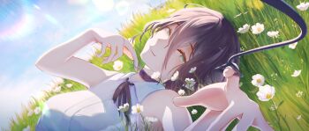 1girl absurdres black_choker black_hair black_ribbon blue_sky chainsaw_man choker collared_shirt day grass green_eyes hair_between_eyes highres looking_at_viewer lying myosotis0608227 neck_ribbon on_back on_grass outdoors pull_cord reze_(chainsaw_man) ribbon shirt sky sleeveless sleeveless_shirt solo white_shirt