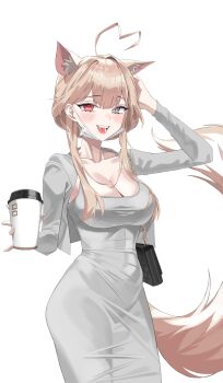1girl absurdres ahoge animal_ear_fluff animal_ears arm_up bag blush breasts brown_hair chain cleavage commentary_request cowboy_shot cropped_jacket cup disposable_coffee_cup disposable_cup dongtan_dress dress fangs grey_dress grey_eyes grey_jacket handbag heart heart_ahoge heterochromia highres holding holding_cup impossible_clothes impossible_dress jacket korean_commentary large_breasts lee_jooin long_sleeves long_tail mask mask_pull mole mole_on_breast mouth_mask open_mouth pigpotato red_eyes short_hair_with_long_locks simple_background single_hair_intake slit_pupils smile solo standing tail taut_clothes taut_dress v-lup virtual_youtuber white_background