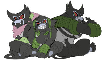 3boys colored_sclera creature fangs full_body gen_8_pokemon green_eyes grin hyaku_(g-kawayusu) looking_at_another looking_at_viewer looking_to_the_side monkey monkey_tail multiple_boys muscular mythical_pokemon nintendo no_humans pokemon pokemon_(anime) pokemon_(creature) pokemon_the_movie:_secrets_of_the_jungle red_sclera sharp_teeth simple_background sitting smile tail teeth white_background zarude zarude_(dada)