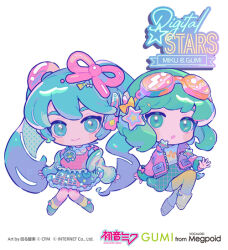 Rule 34 | 2girls, blue eyes, blue hair, blush stickers, bow, brooch, character name, chibi, closed mouth, collared jacket, copyright notice, crypton future media, digital stars, digital stars gumi (2021), digital stars miku (2021), frilled skirt, frills, goggles, goggles on head, green eyes, green hair, green skirt, gumi, hair bow, hair ornament, hair ribbon, hatsune miku, high collar, invisible chair, jacket, jewelry, logo, long hair, looking at viewer, mawarusanso, multiple girls, official art, open clothes, open jacket, open mouth, orange-framed eyewear, orange-tinted eyewear, orange jacket, pantyhose, pink ribbon, pink shirt, portrait, ribbon, round eyewear, second-party source, shirt, short hair, shorts, shorts under skirt, simple background, sitting, skirt, smile, sound wave, star (symbol), star brooch, star hair ornament, tinted eyewear, twintails, vocaloid, white background, white shirt, yellow bow, yellow footwear, yellow pantyhose