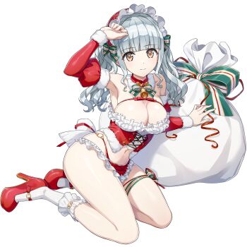 1girl apron arm_up bell bikini blunt_bangs bonnet bow breasts brown_eyes christmas cleavage closed_mouth corset detached_collar detached_sleeves dolphin_wave full_body fur-trimmed_corset fur-trimmed_sleeves fur_collar fur_trim game_cg green_bow grey_hair high_heels highres kneeling lingerie long_hair looking_at_viewer nagato_mei navel neck_bell non-web_source o-ring_bikini_bottom official_art ootomo_takuji red_apron red_bonnet red_corset red_ribbon red_shoes ribbon sack sack_bow santa_bikini santa_costume shoes smile socks solo swimsuit transparent_background twintails underwear waist_apron wavy_hair white_socks