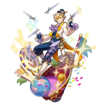 1boy ball blonde_hair boots circus clothing_request clown cygames dagger dragalia_lost flag fritz_(dragalia_lost) full_body gradient_hair knife looking_at_viewer male_focus multicolored_hair nintendo non-web_source official_art saitou_naoki semi-rimless_eyewear shine solo transparent_background under-rim_eyewear weapon yellow_eyes