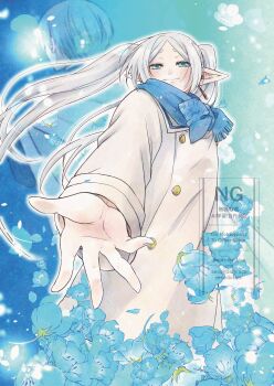 Rule 34 | 1boy, 1girl, back-to-back, blue eyes, blue flower, blue hair, blue petals, blue scarf, cape, closed mouth, coat, cowboy shot, earrings, elf, falling petals, flower, forget-me-not (flower), frieren, grey hair, highres, himmel (sousou no frieren), jewelry, light blush, long hair, outstretched hand, pale skin, petals, pointy ears, sailor collar, scarf, short hair, smile, sousou no frieren, thick eyebrows, white cape, white coat, white sailor collar, yukiyo usa