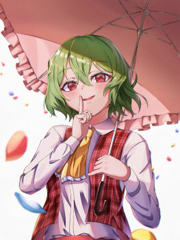 Rule 34 | 1girl, absurdres, ascot, blush, byoin kaiteki3, collared shirt, finger to mouth, green hair, highres, kazami yuuka, long sleeves, open clothes, open vest, petals, pink umbrella, plaid clothes, plaid vest, red eyes, red vest, shirt, short hair, smile, solo, touhou, umbrella, upper body, vest, white background, white shirt