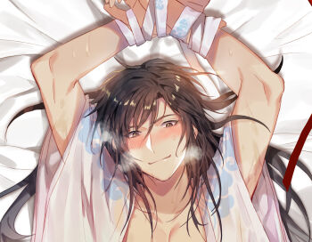 1boy alternate_costume alternate_hairstyle arms_up bdsm bed_sheet black_hair blush bondage bound bound_wrists breath brown_eyes brown_hair chinese_clothes closed_mouth collarbone hair_down hanfu heavy_breathing highres implied_yaoi jujeop long_hair looking_at_viewer lying male_focus modao_zushi on_back on_bed open_clothes open_robe pectoral_cleavage pectorals red_ribbon ribbon ribbon_bondage robe smile solo sweat upper_body wei_wuxian white_hanfu white_ribbon wide_sleeves