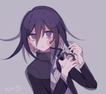 Rule 34 | 1boy, bags under eyes, bandaged chest, bandaged fingers, bandaged wrist, bandages, bandaid, bandaid on cheek, bandaid on face, bandaid on finger, bandaid on hand, black jacket, blood, closed mouth, collared jacket, commentary request, cutting hair, cutting own hair, danganronpa (series), danganronpa v3: killing harmony, dot nose, dress shirt, frown, gakuran, grey background, hair between eyes, high collar, holding, holding scissors, jacket, layered sleeves, long hair between eyes, long sleeves, male focus, medium hair, official alternate costume, oma kokichi, open clothes, open jacket, partially unbuttoned, purple hair, sad, sakura (fein5862817), school uniform, scissors, shirt, simple background, solo, tearing up, twitter username, upper body, white shirt