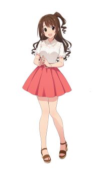 Rule 34 | 1girl, belt, bracelet, brown eyes, brown hair, collared shirt, full body, high heel sandals, highres, idolmaster, idolmaster cinderella girls, idolmaster tours, jewelry, nail polish, official art, open mouth, own hands together, sandals, shimamura uzuki, shirt, side ponytail, skirt, solo, toes, transparent background