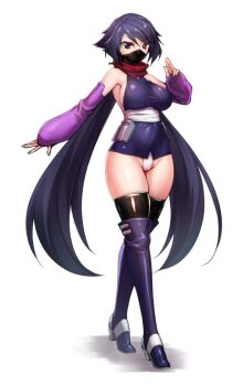 10s 1girl armor ayame_(gundam_build_divers) bare_shoulders black_hair black_thighhighs blue_boots blue_thighhighs boots breasts covered_mouth elbow_gloves faulds female_focus fingerless_gloves full_body gloves gundam gundam_build_divers hair_ornament half_mask high_heel_boots high_heels highleg highleg_panties hip_armor japanese_clothes kimono knee_high_boots kuji-in large_breasts long_hair looking_at_viewer low_ponytail mask miniskirt mouth_mask ninja ninja_mask panties pencil_skirt ponytail purple_eyes rindou_(radical_dream) scarf short_kimono sideboob simple_background skindentation skirt sleeveless sleeveless_kimono solo standing swept_bangs thick_thighs thigh_gap thighhighs thighhighs_under_boots thighs underwear v-shaped_eyebrows very_long_hair white_background