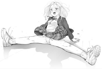 1girl :d bare_legs blazer blush collared_shirt greyscale highres jacket long_hair looking_at_viewer making-of_available masuda_(yousaytwosin) miniskirt monochrome neck_ribbon open_clothes open_jacket open_mouth original panties pantyshot pleated_skirt ribbon school_uniform shirt shoes signature skirt smile socks solo split sweater_vest underwear wind wind_lift wing_collar