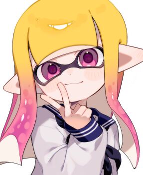 1girl blonde_hair closed_mouth commentary_request gradient_hair highres inkling inkling_girl inkling_player_character long_hair looking_at_viewer multicolored_hair nintendo pink_eyes pink_hair pointy_ears sabata_saba sailor_collar sailor_shirt shirt simple_background smile solo splatoon_(series) splatoon_3 tentacle_hair two-tone_hair upper_body v white_background white_shirt