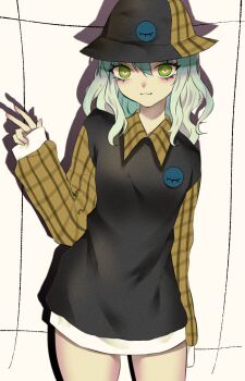 1girl black_hat closed_mouth green_eyes grey_hair hat heart heart-shaped_pupils highres komeiji_koishi neon_(co2co8) shirt simple_background standing symbol-shaped_pupils third_eye touhou wavy_hair wavy_mouth