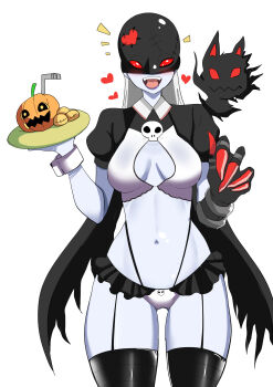 1girl breasts cuffs demon_girl digimon digimon_(creature) female_focus fingernails garter_straps heart highres holding holding_plate ladydevimon light_blush long_fingernails looking_at_viewer maìd navel open_mouth pabsmikan pale_skin plate puffy_sleeves pumpkin red_eyes simple_background small_breasts standing stomach white_background white_wrist_cuffs wrist_cuffs